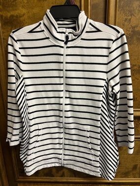 Talbots Black and White Striped Zip-Front Top